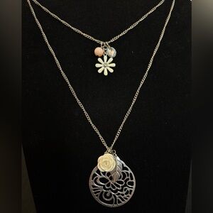 Long Silver Double Chain Cream and Floral Pendant Necklace